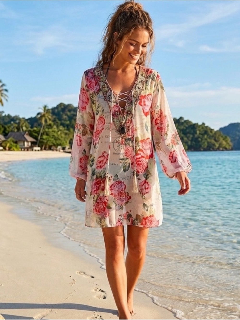 Japna Pink Floral Lace-Up Sheer Beach Coverup